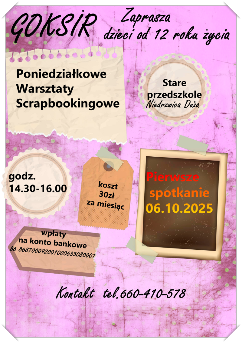 Plakat zapraszający na warsztaty scrapbookingowe