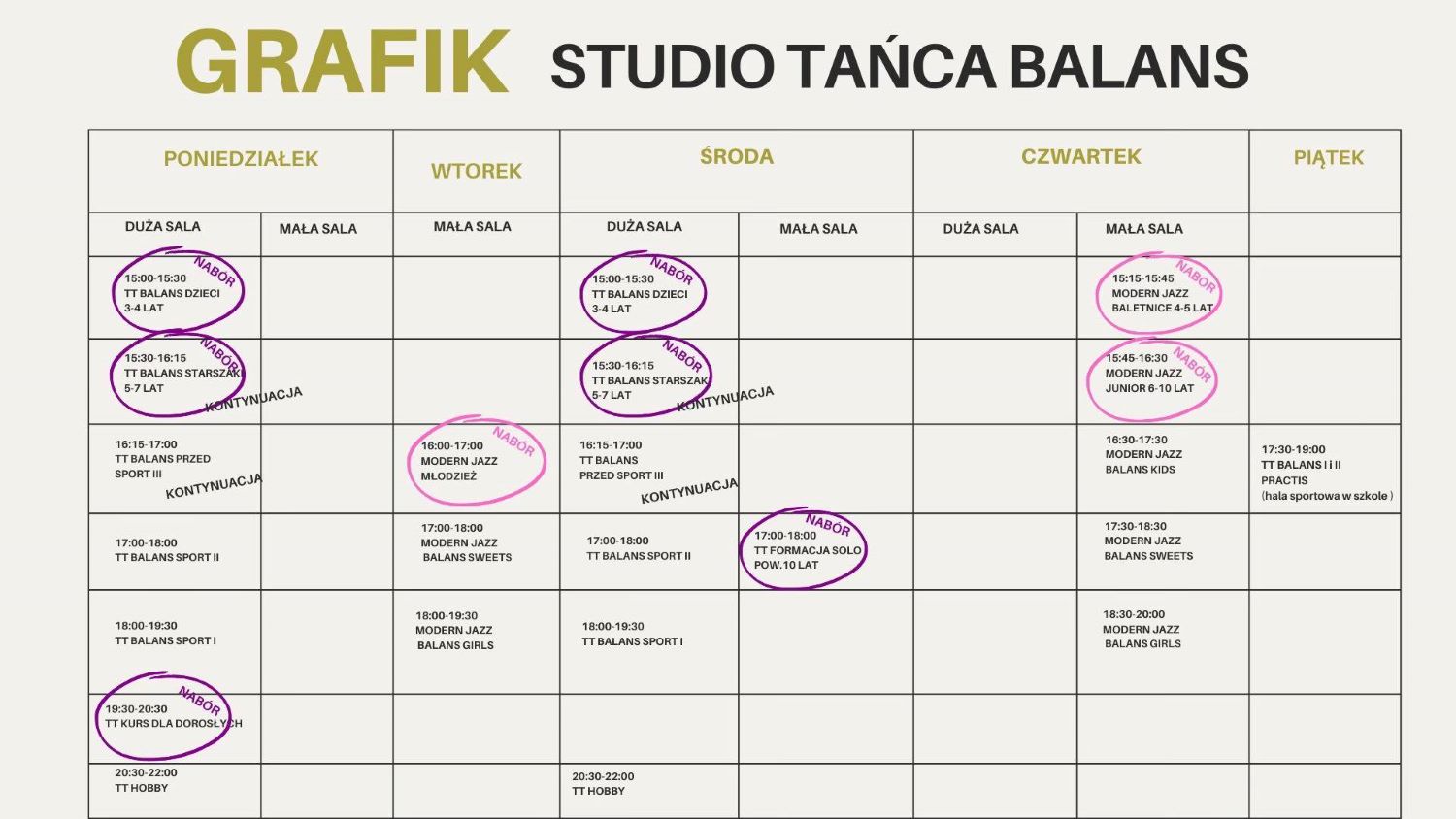 Grafik zajeć Studia Tańca Balans w GOKSIR